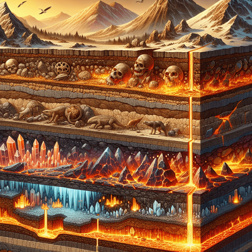Here is your 2D side-view of the earth’s layers in a side-scrolling game style. It maintains the horizontal strata with distinct layers transitioning from rocky topsoil to deep, glowing lava rock. Fossils, gold veins, and crystal traces add depth and detail.

For the next remix, here are some potential modifications:

Deeper Layer Focus – Shift the scene further down to expose more intense lava activity and larger crystal formations. 🔥
More Fossils & Artifacts – Increase the number of embedded fossils, adding prehistoric bones or ancient relics. 🦴
Volcanic Activity – Introduce subtle magma flows or small pockets of underground lava chambers..
Single Game Texture.  In-Game asset.  2d.  Blank background.  High contrast.  No shadows