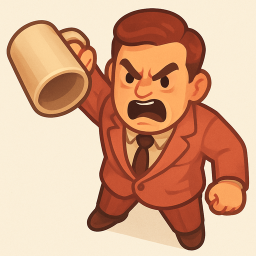 A guy in a leisure suit is 50s holding a large empty coffee cup in his arm facing down, he just threw the coffee at someone. Looks angry as fuck. Cute soft graphics. soft ambient light. semi-matte to satin surfaces. naturalistic with slight saturation boost colors. Tone is premium, friendly, clean with lifestyle or service-oriented appeal.
In-Game asset.  2d.  High contrast.  No shadows. top down. View from above..
In-Game asset.  2d.  High contrast.  No shadows