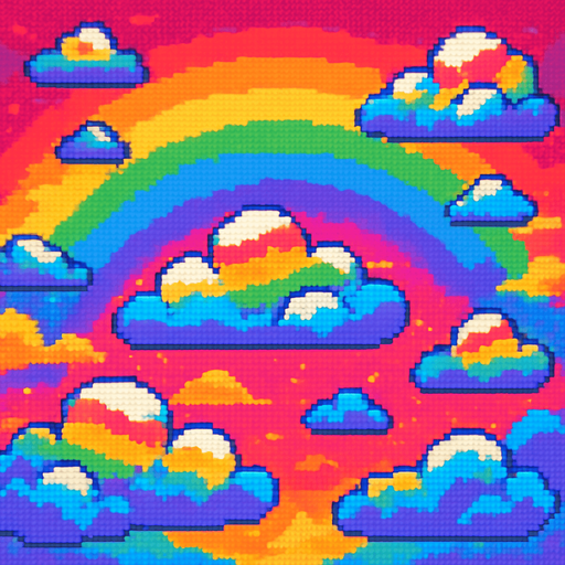 Rainbow sky background, colorful clouds with rainbow stripes, magical atmosphere, vibrant colors, 2D pixel art.
In-Game asset.  2d.  High contrast.  No shadows