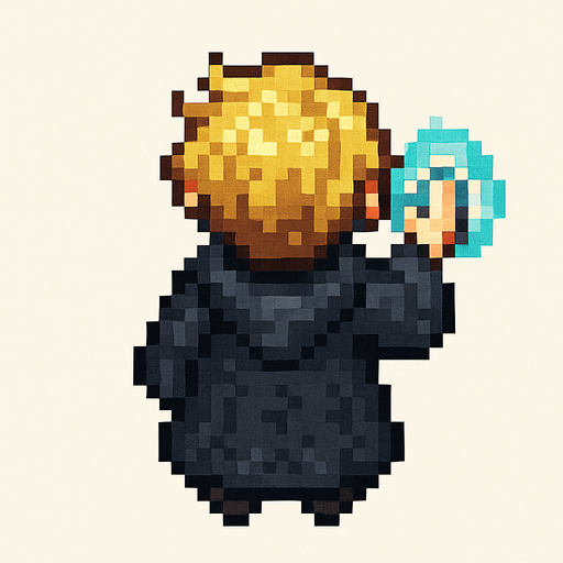"Top-down 2D pixel art of a young male wizard child, viewed from a perfect 90-degree angle directly overhead (true bird’s-eye view), facing away from the viewer (back view). He has short, wavy blonde hair and wears a long, flowing black robe with subtle magical runes on it. Small dark boots are barely visible beneath the robe. His robe has a slightly oversized hood resting on his back. He is standing still in a casting pose, one small hand slightly raised forward as if ready to cast a spell. A glowing blue aura surrounds his hand to indicate magic. The lighting is soft and ambient, suitable for a fantasy RPG game. Style is classic 16-bit RPG pixel art, SNES-era quality. Transparent background.".
In-Game asset.  2d.  High contrast.  No shadows