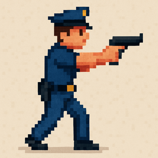 un policia  de cuerpo completo hecho con pixeles con persepectiva lateral apuntando con un arma
I