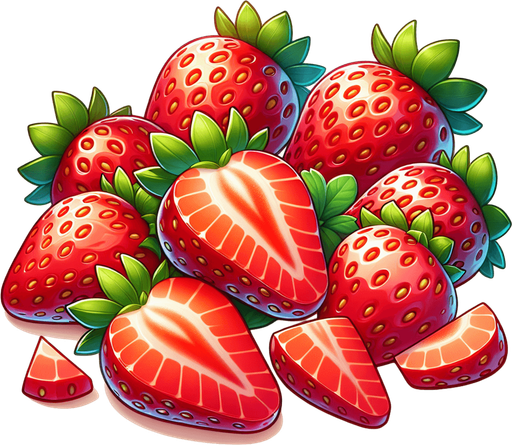 Lush, mature strawberries, cleaned and slices and ready for use in bakery or for decoration..
Single Game Texture. In-Game asset. 2d. Blank background. High contrast. No shadows.