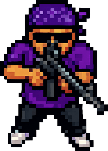 pandillero de morado hecho con pixeles. con perspectiva desde arriba visto de frente apuntando con un m4
In-Game asset.  2d.  High contrast.  No shadows