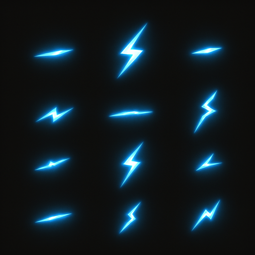Tiny, electric-like sparks

```
- Shape: Small line/dash or tiny lightning bolt
- Color: Bright cyan (#00FFFF) or electric blue (#0088FF)
- Intensity: Very bright, almost overexposed look.
In-Game asset.  2d.  High contrast.  No shadows