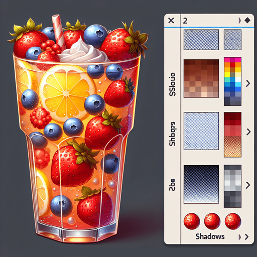 A nice glass of lemonade with strawberries and blueberries.
Single Game Texture. In-Game asset. 2d. Blank background. High contrast. No shadows.