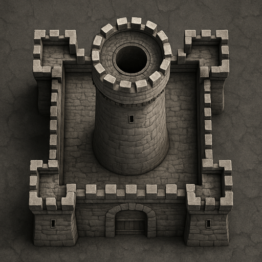 Askeri Kule, gerçekçi, üstten görünüm, yazısız.
In-Game asset.  High contrast.  No shadows