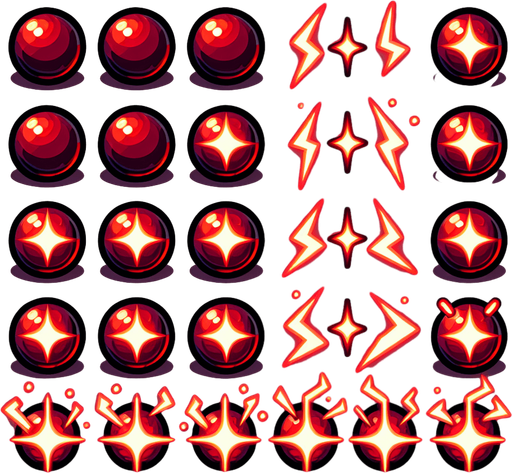 A sprite sheet of glowing red orbs for charging a laser.
Single Game Texture. In-Game asset. 2d. Blank background. High contrast. No shadows.
