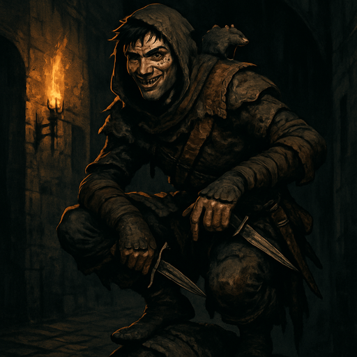 "A cunning rogue cloaked in patchwork leathers and city grime, perched on a broken statue. Male, 26 years old, wiry and agile, with messy black hair, sly green eyes, a scar over his nose, and olive-toned skin. A rat sits on his shoulder. Dual daggers at his side, a grin revealing a gold tooth. The background is a shadowy alley lit by torchlight. Realistic, highly detailed, dark urban medieval style. realistic.
In-Game asset.  2d.  High contrast.  No shadows