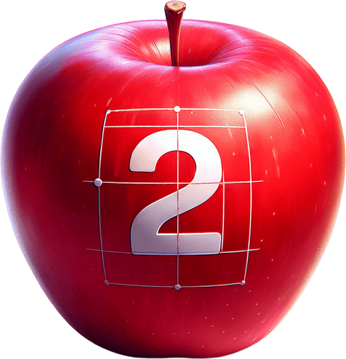 a white " 2" on a  red apple..
Single Game Texture. In-Game asset. 2d. Blank background. High contrast. No shadows.