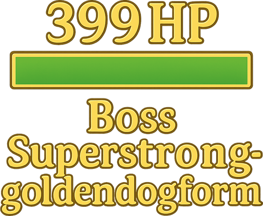Make a green health bar with words under it golden shiny letters saying “Superstronggoldendogform” and golden words on top saying “399HP”. No background. Transparent background. Blank background. No shadows. 2d. In-Game asset. flat