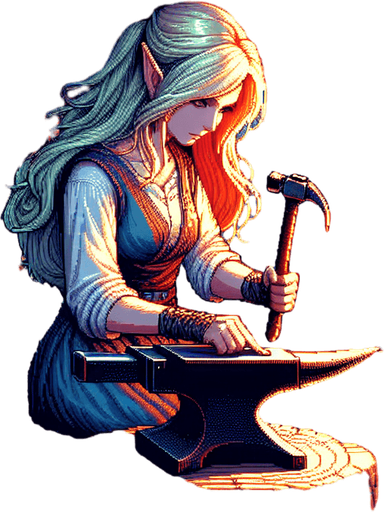 A blonde elf with long hair and a serious expression, working at an anvil in the center of the screen. The scene takes place in a magical forge inside a forest cabin, with a glowing hearth in the background. The elf is surrounded by blue, green, and red crystals, adding an enchanting atmosphere to the room. The warm glow of the fire and the shimmering crystals illuminate the elf's focused face and her skilled work..
Single Game Texture.  In-Game asset.  2d.  Blank background.  High contrast.  No shadows. pixel art