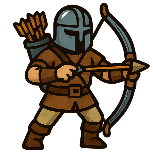 A human with a reinforced bow, iron helmet and a bucket full of arrows.
In-Game asset.  2d.  High contrast.  No shadows