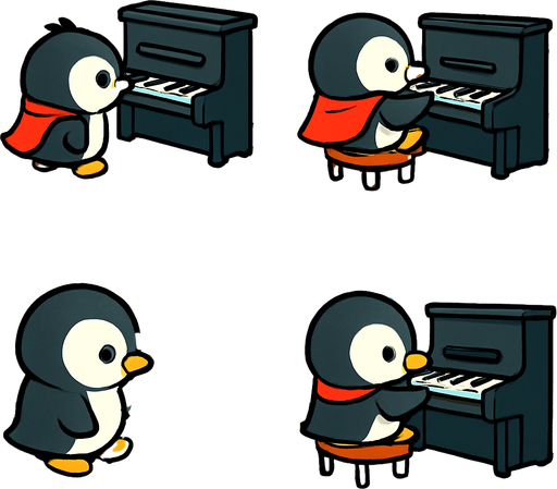 4-panel comic strip, no text, cute cartoon style, bright colors, black outlines.
Characters: Penguin Hero (small, determined) + Penguin Princess (elegant, crown) + Village Penguins
Central Theme: Music connects hearts, piano mastery wins love. Story: Hero commits to learning piano seriously

Panel 1: Hero finds small piano and sets up practice space
Panel 2: Hero practicing at sunrise, warm golden morning light
Panel 3: Musical notes gradually improve from wobbly to steady
Panel 4: Hero still practicing under moonlight, showing dedication through full day
In-Game asset.  2d.  High contrast.  No shadows