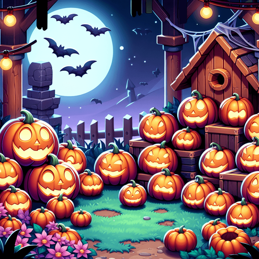 Generate a high quality cartoon background Halloween filled with pumpkins.
Single Game Texture. In-Game asset. 2d. Blank background. High contrast. No shadows.