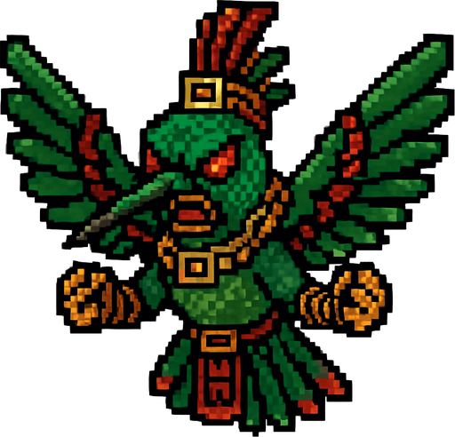 Genérame una olibrí Esmeralda Andina guerrero azteca con eso patrones, estilo pixelar, con una apariencia maligna, ojos rojos, rabioso. Unidad aerea con alas. Animal.
In-Game asset.  2d.  High contrast.  No shadows