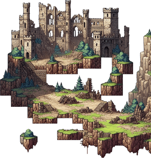 Château fort détruit.
Single Game Texture. In-Game asset. 2d. Blank background. High contrast. No shadows.