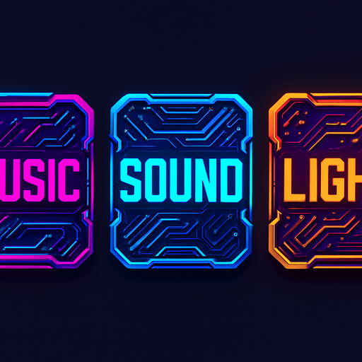 Buttons assets with same colors and shape with text 'music', 'sound', 'light'. cyberpunk. abstract. futuer. different colors. HD colors.
In-Game asset.  2d.  High contrast.  No shadows