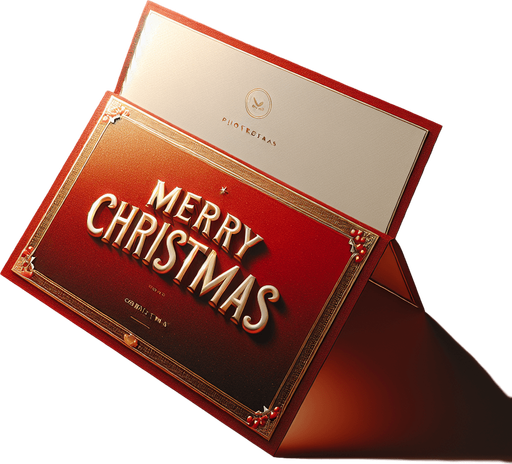 photorealistic red and gold standing and opened postcard with Merry Christmas text