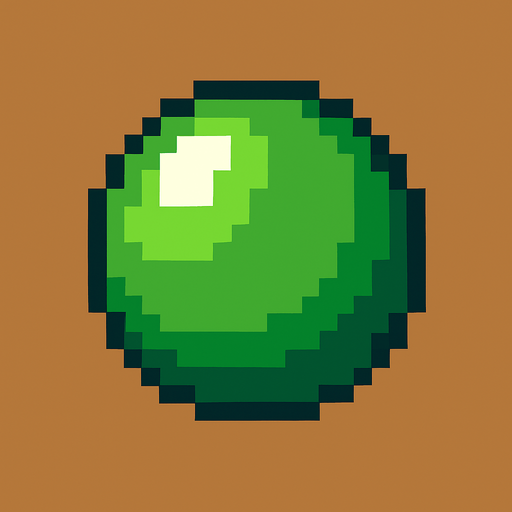 Bir top pixel art yeşil renkli.
In-Game asset.  2d.  High contrast.  No shadows