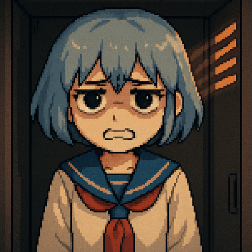 Yui is a cute 15-year-old anime girl with big black eyes and short, soft blue-gray hair (HEX: #b0b9d8). She wears a traditional Japanese school uniform called a sailor fuku. In this Pixel Art scene, Yui looks clearly upset—she has very noticeable dark circles under her eyes, her eyebrows are tense, and her teeth are pressed together in frustration. Her arms are relaxed and down at her sides, showing no physical aggression, just quiet tension. She’s inside a school locker, looking out through a metal grate with a serious, focused expression. The entire scene is viewed from inside the locker, with soft light coming through the vents, casting gentle shadows across her face and creating a slightly tense but family-friendly atmosphere.