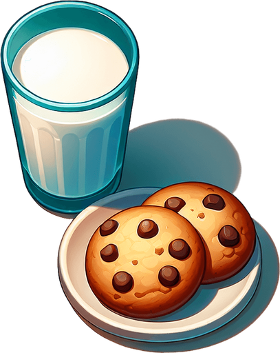 top down plate of cookies glass of milk. In-Game asset. Blank background. No shadows. Single Game Texture. In-Game asset. 2d. Blank background. High contrast. No shadows.
