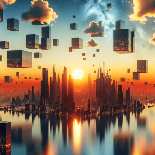 🔹 Floating low-poly islands or platforms in a futuristic city.
🔹 Horizon with a sun reflecting off water for a peaceful but futuristic look.
🔹 Colors: Sunset orange, deep blue, and glowing city lights..
Single Game Texture.  In-Game asset.  2d.  Blank background.  High contrast.  No shadows