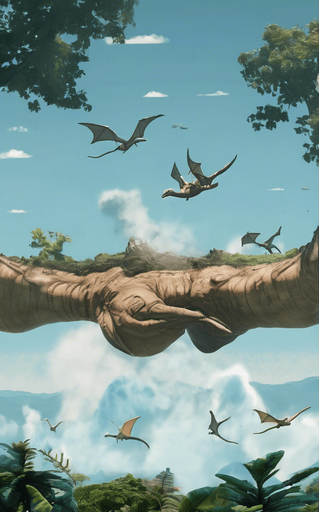 Make it more detailed and add flying dinosaurs