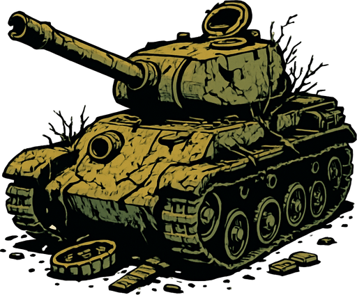 Old abandoned, broken tank.
In-Game asset.  2d.  High contrast.  No shadows