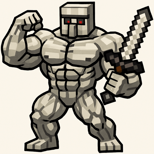A super buff iron golem with super big muscles and that has a Minecraft iron sword in his hand..
In-Game asset.  2d.  High contrast.  No shadows