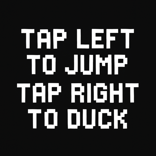 pixel art text white colored: tap left to jump
tap right to duck.
In-Game asset.  2d.  High contrast.  No shadows