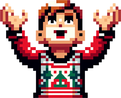 excited kid seen from the front, holding both of his hands extended upwards expecting to catch.looking upward. dressed for Christmas. Single Game Texture. In-Game asset. 2d. Blank background. High contrast. No shadows. pixelated. 8 bit