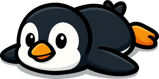 A cartoon-style penguin lying flat on its belly, facing forward with its body stretched out.
In-Game asset.  2d.  High contrast.  No shadows