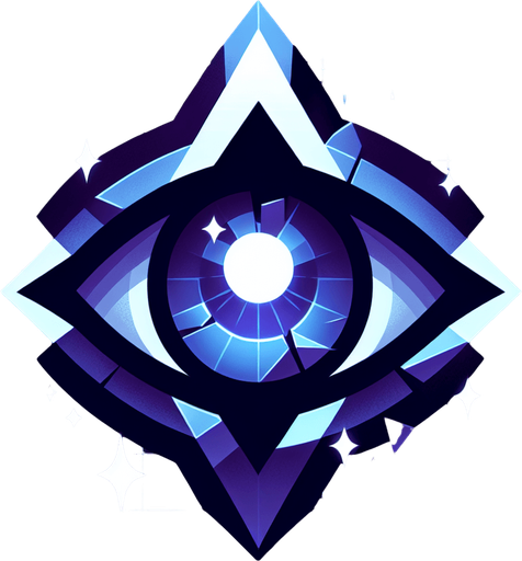 A sharply focused eye symbol in deep indigo color. Could also be a fractured mirror shard reflecting light, or an indigo crystal with internal sparks/light flashes..
Single Game Texture.  In-Game asset.  2d.  Blank background.  High contrast.  No shadows