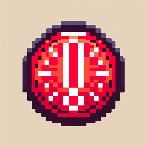 8-bit pixelated red round LED circle with a large exclamation sign indented in the center.
Single Game Texture. In-Game asset. 2d. Blank background. High contrast. No shadows.