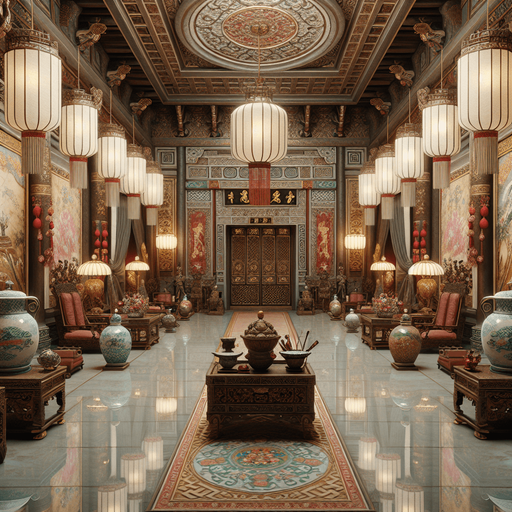 Hall in a luxury asian emperor castle (with white ceramics)