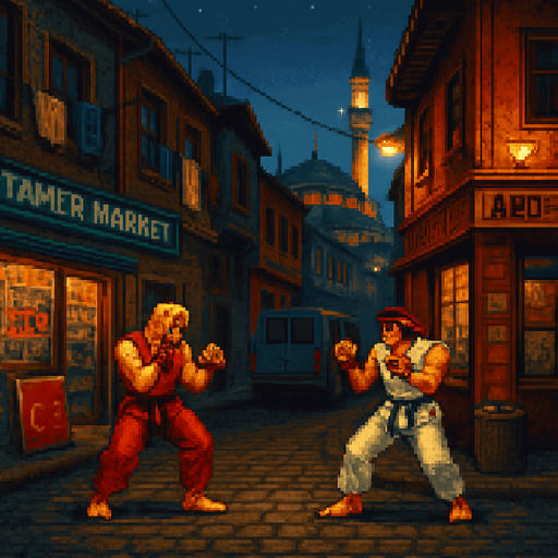 detailed pixelart, fighter style while keeping the original: details, color, and lighting. "Tamer Market" text can be seen