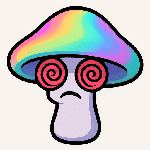 Sombrero Iridiscente/Colorido: Su sombrero es la característica más llamativa, mostrando una gama de colores suaves y pastel que se mezclan como un arcoíris o un efecto iridiscente (rosas, azules, verdes claros, morados). Esto sugiere su naturaleza "hipnótica" o alucinógena.

Tallo Púrpura Claro/Blanco: Su tallo es de un color púrpura muy claro o casi blanco.

Ojos en Espiral/Hipnóticos: Sus "ojos" son dos grandes espirales rojas o rosadas, lo que claramente representa su capacidad de hipnotizar.

Boca Triste/Somnolienta: Tiene una pequeña boca que parece un poco triste o somnolienta, lo que contrasta con la intensidad de sus ojos espirales..
In-Game asset.  2d.  High contrast.  No shadows