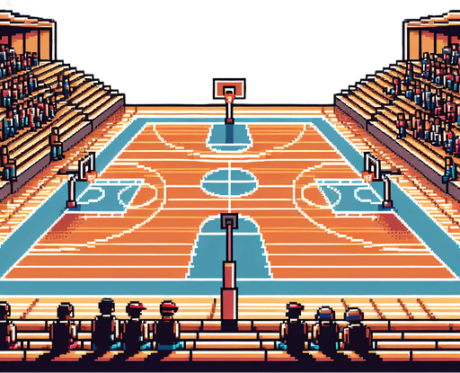 background of a basketball court seen from the perspective of a player. pixelated. 8 bit.
Single Game Texture. In-Game asset. 2d. Blank background. High contrast. No shadows.