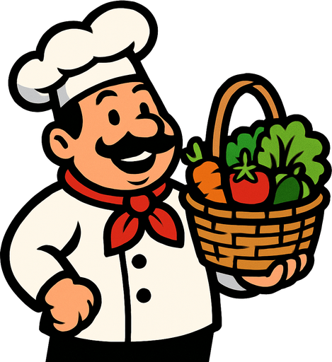 Chef con una cesta en la mano.
In-Game asset.  2d.  High contrast.  No shadows