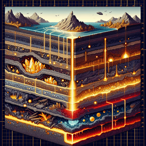 Here is your 2D side-view of the earth’s layers in a side-scrolling game style. It maintains the horizontal strata with distinct layers transitioning from rocky topsoil to deep, glowing lava rock. Fossils, gold veins, and crystal traces add depth and detail.

For the next remix, here are some potential modifications:

Deeper Layer Focus – Shift the scene further down to expose more intense lava activity and larger crystal formations. 🔥
More Fossils & Artifacts – Increase the number of embedded fossils, adding prehistoric bones or ancient relics. 🦴
Volcanic Activity – Introduce subtle magma flows or small pockets of underground lava chambers..
Single Game Texture.  In-Game asset.  2d.  Blank background.  High contrast.  No shadows