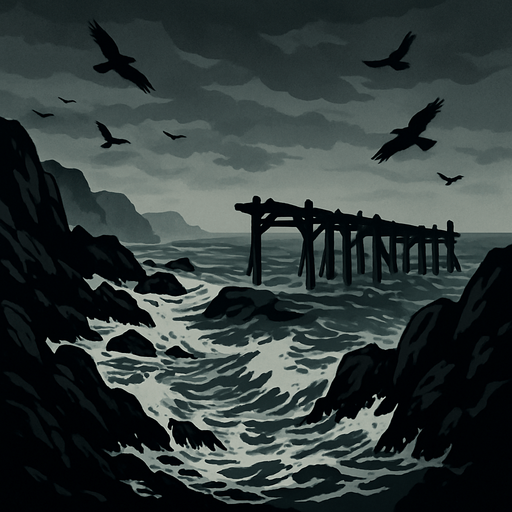 Stormy medieval coastline with jagged rocks and crashing waves, an old broken pier, sea mist, overcast skies, crows circling, moody and realistic.
In-Game asset.  2d.  High contrast.  No shadows