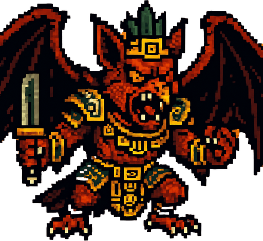 Genérame una Halcon Murcielago guerrero azteca con eso patrones, estilo pixelar, con una apariencia maligna, ojos rojos, rabioso. Unidad aerea con alas. Animal.
In-Game asset.  2d.  High contrast.  No shadows