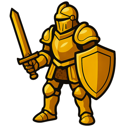 A knight with golden armour, golden shield and golden sword.
In-Game asset.  2d.  High contrast.  No shadows