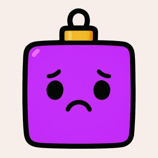 a sad Perfectly square bright purple Christmas decoration with cute . Cartoon style. Cute art style. Simple vector style..
In-Game asset.  2d.  High contrast.  No shadows