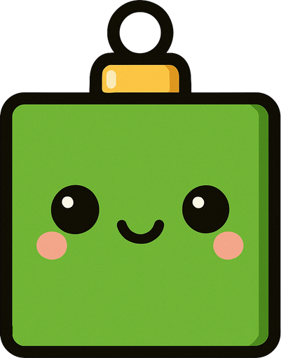 Perfectly square bright green Christmas decoration with cute happy face. Cartoon style. Cute art style. Simple vector style. No Shadows