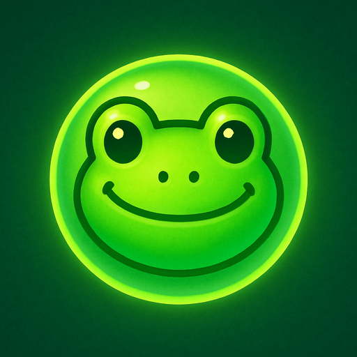 A green bubble with a cartoon frog face, glowing softly, top-down view, mobile puzzle game sprite.
In-Game asset.  2d.  High contrast.  No shadows