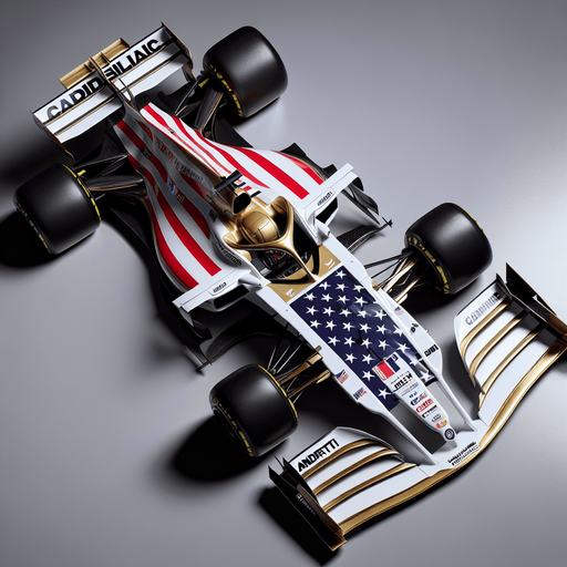 Photorealistic Cadillac F1 race car, top view.
Replace Cadillac text to golden coloured ,,Cadillaic" text on black rear wing.
Big American flag on white body. 
White ,,Andretti" and gm text on black front wing.