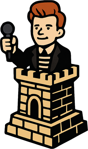 "Rickroller": A RickAstley tower holding a mic.
In-Game asset.  2d.  High contrast.  No shadows