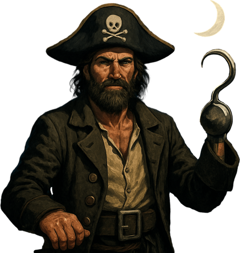 Pirata con sombrero pirata y garfio, en barco pirata, navegando sobre el mar en una noche estrellada, algo realista, pero fuera de lo caricaturesco.
In-Game asset.  2d.  High contrast.  No shadows