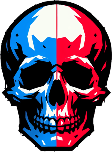 tête de mort coter droit en bleu coter gauche en rouge.
Single Game Texture. In-Game asset. 2d. Blank background. High contrast. No shadows.